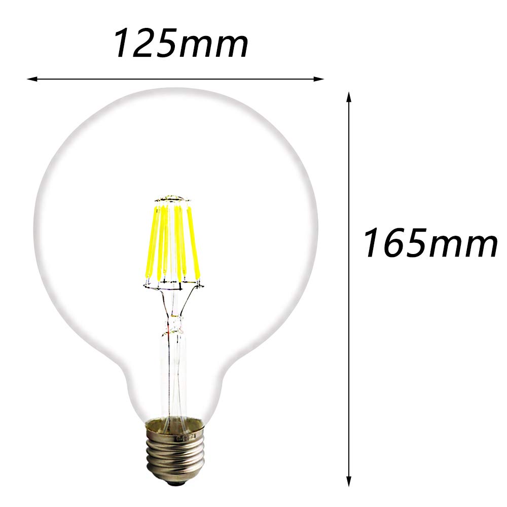 20 unidades – 220 V G125 LED Bombilla Filamento, transparente (Vidrio, E27, 8 W equivalentes a 60 W), 650LM, DIMM Bar fresco blanco 6000 K, ángulo de haz de 360 °, 16.5 x 12.5 x 12.5 cm