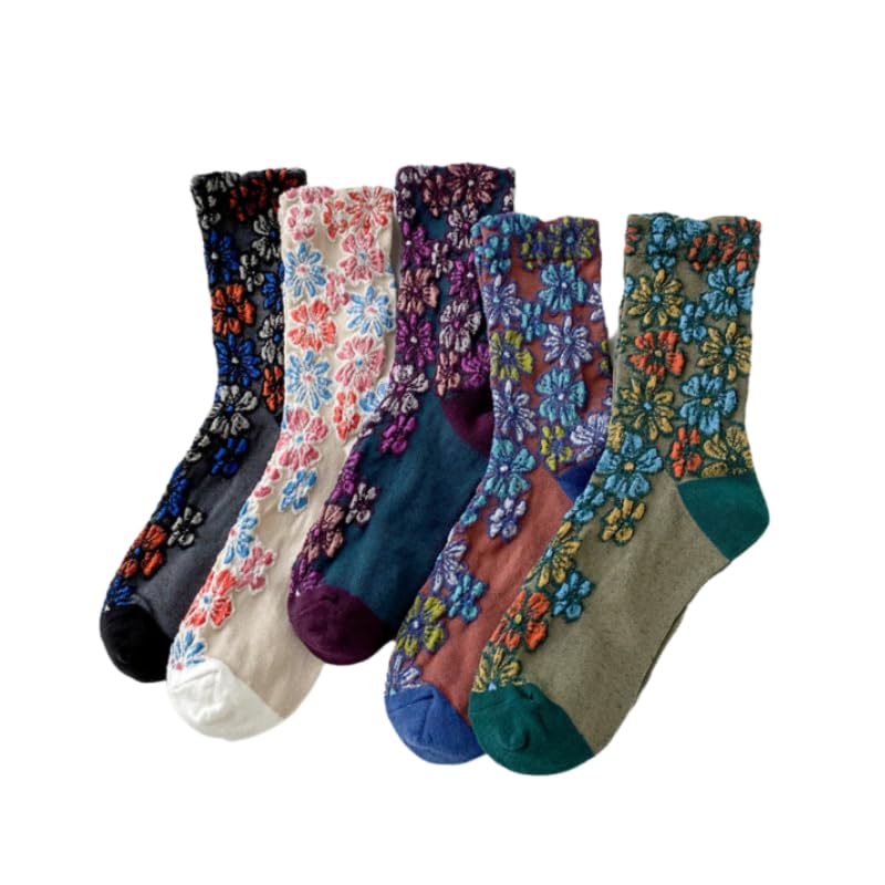 Vintage Embroidered Floral Socks for Women, Combed Cotton Crew Socks