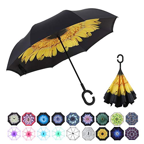 WASING Double Layer Inverted Umbrella Cars Reverse Umbrella, Windproof UV Protection Big Straight