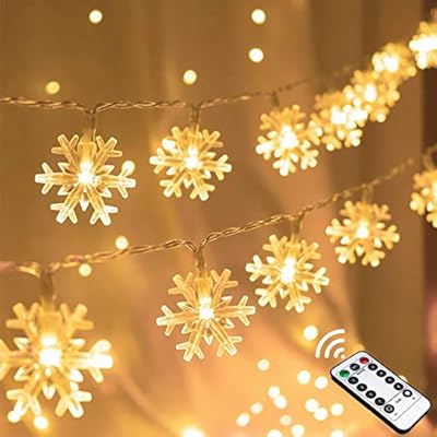 Christmas Snowflake String Lights, 20 FT 40 LED Battery Operated Fairy Lights with Remote, 8 Modes Timer Hanging Decor for Bedroom Room Patio Party Wall Indoor Outdoor Xmas Tree Decorations Warm White