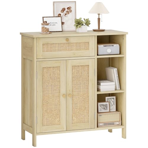 HOMCOM Buffet Salon, Meuble de Rangement avec 2 Portes en rotin, tiroir, Compartiments Ouverts et étagères réglables, Style bohème, Buffet Salle à Manger...