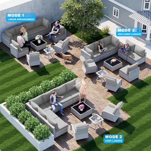 Image of Outdoor PE Wicker Rattan Modular Patio Sectional Sofa Set | 10-Piece: 6 Modular Seats, Coffee Table, 2 Swivel Rocking Chairs & Side Table, Grey