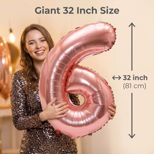 Image of YPSelected 32 Inch Large Foil Helium Number Balloon Birthday Wedding Party 0-9 (Rose Gold, 6)