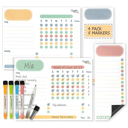 Oyster&Pop Magnetic Chore Chart for Multiple Kids - 4 Pack Dry Erase Pastel