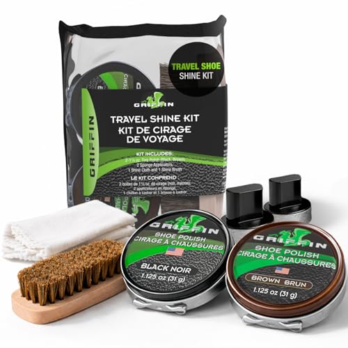 Griffin Shoe Shine Kit – Protects Leather, Dual-Color Polishes, Premium Travel Shine Set with Black & Brown Polish – Complete Leather Boot Care Kit, Polishing Set for Smooth Leather Footwear & Boots