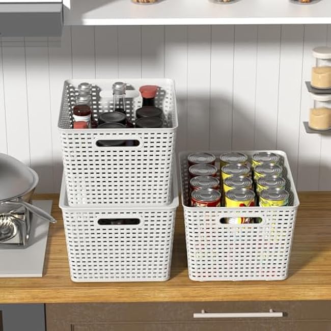 Anbers Lidded Storage Baskets, White, Plastic Organizer Baskets, Pack of 6