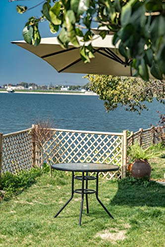 Hqhqhe 35" Outdoor Bistro Table Patio Dining Table Round Side Table Coffee Table Furniture With Umbrella Hole, Metal Frame Water Ripple Glass Top Black #TOP1