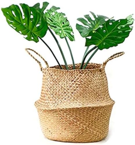 Geyaziu 編み バスケット 鉢カバー 観葉植物 花鉢 織りシーグラスベリーバスケット ハンドル付きおもちゃ 洗濯物 収納バスケット プレゼント ギフト 誕生日 開店祝い 鉢かご 鉢カゴ (30*38*34cm)