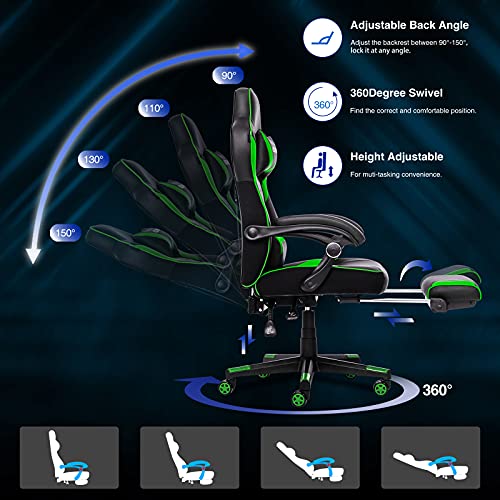 ELECWISH Computer Gaming Chair, Reclining Gaming Chair for Adults, High Back Gamer Chair with Footrest, Headrest and Lumbar Support PU Leather, Green