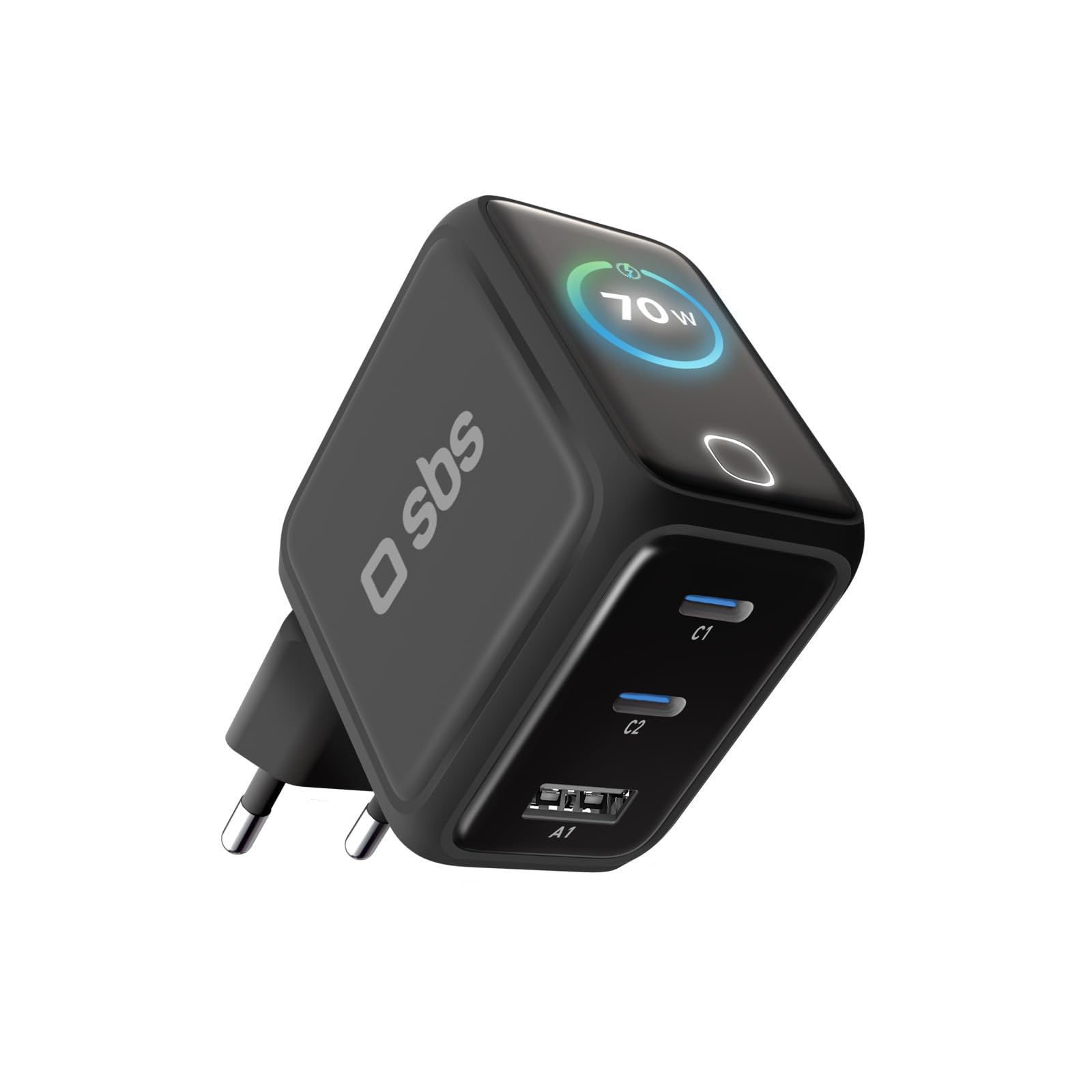 SBS Pulse Power 70 W USB-C, GaN Technology, Power Delivery (PD 3.0 PPS), inteligentny wyświetlacz AI, sterowanie dotykowe, AFC, szybkie ładowanie, do Laptopa, Tabletu, iPhone’a i Androida