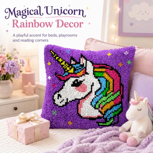 Image of Unicorn Rainbow Latch Hook Pillow Kits for Adults Beginners, Easy DIY Hobby
