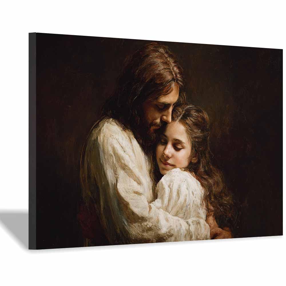 ZAMAEIU Jesus Christ Classic Painting Style Embracing a daughter in one's arms Religious Figure Wall Art Print,Room Decor for living room, bedroom, church, hospital(black0)-30x50cm Framed