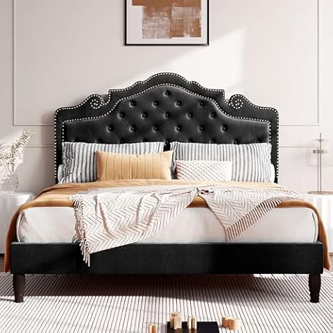HOOMIC Queen Size Platform Bed Frame with Adjustable Velvet Tiara Headboard, Upholstered Diamond Button Tufted, Wood Slats Support, No Box Spring Needed, Black Cover