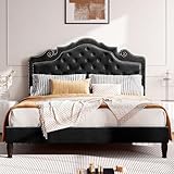 HOOMIC Queen Size Bed Frame with Adjustable Velvet Tiara Headboard, Upholstered Diamond Button Tufted Platform Bed, Wood Slats Support, No Box Spring Needed, Black