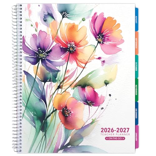 LITE TEACHER PLANNER - Aug 2026-Jul 2027 8.5 x 11 Daily Weekly Monthly Organizers - Includes 7 Periods Dated Calendar Page Tabs Bookmark and Planning Stickers (Rainbow Floral)
