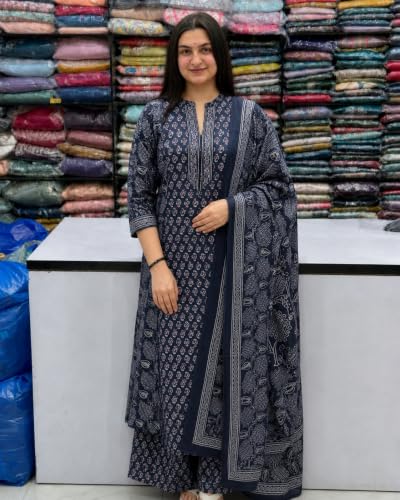 Image of GoSriKi Kurta Sets for Women Viscose Blend Printed | Kurti Set for Woman | Kurta Palazzo Dupatta Set | A Line Kurti | Mandarin Collar 3 /4 Sleeve Suit Set for Women Stylish Ethnic Outfit