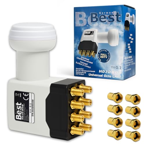 Octo LNB Satelliten LNC Kopf für 8 Teilnehmer Direktanschluss LTE-geschützt Full HD / 3D / 4K UHD vergoldete Anschlüsse Wetterschutz Weiß/Schwarz + 8X vergoldete F-Stecker