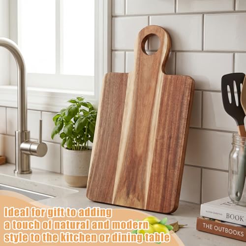 Image of 10 Pcs Acacia Wood Cutting Board with Handle Bulk 13.8 x 7.9'' Square Charcuterie Chopping Board for Pizza Cheese Meat Decorative Natural Wooden Serving Tray for Kitchen and Dining Room