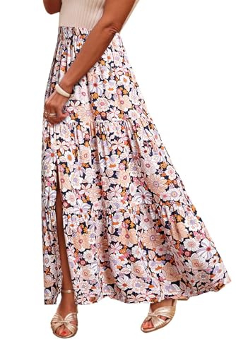 Happy Sailed Summer Skirts for Women Floral Print High Waist Flowy Split A Line Boho Maxi Skirt with Pockets
