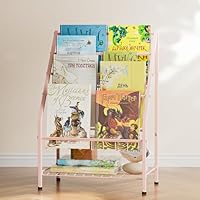 JAQ Toddler Bookshelf for Girls, 4-Tier Metal Kids Child Bookcase Rack with Toy Storage Organizer in Playrooms Nursery Clasroom Corner Library for Infants Baby Young Children (24.92 inch, Pink)