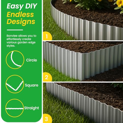 Bonviee 6” x 20’ Metal Landscape Edging Border Kit, Corrugated Garden Edging for Flower Bed, Lawn, Walkways, No Dig Paver Edging for Landscaping, Durable Garden Border Edging (Silver, 6In x 20Ft)