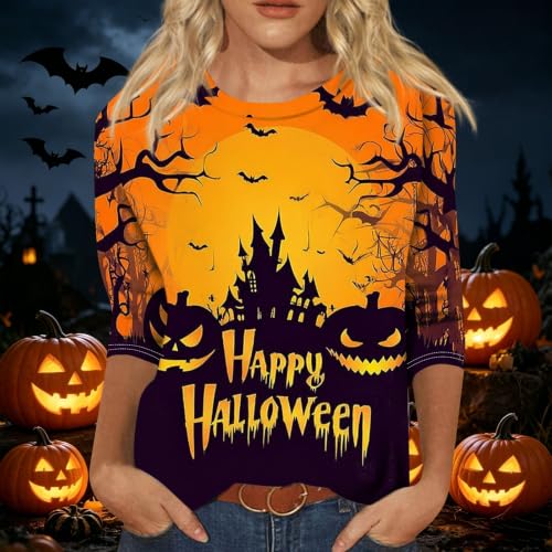 Image of Women Spooky Halloween Graphic Shirt 3 /4 Length Sleeve Crewneck Top | Halloween Funny Printed Pumpkin Plus Size Tshirts 2026 Fall Outfits Skeleton Tee Going Out Tops