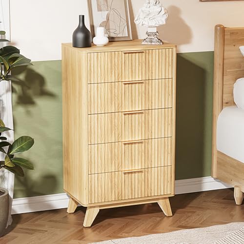Image of VINGLI Fluted Tall Dresser 5 Drawer, 23.66 inch W Chest of Drawers, Oak Wood Dresser for Bedroom Mid Century Modern with Rounded Edge, 23.66 inch W*15.6 inch D*44.88 inch H