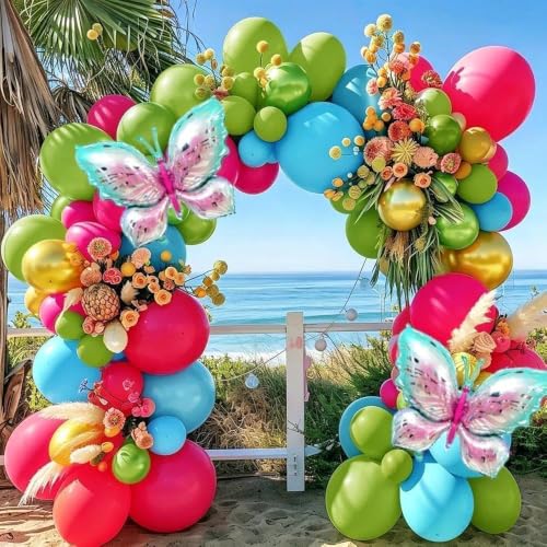 Image of Summer Balloon Arch Double Stuffed Latex Hot Pink Blue Green Gold Balloons with Pastel Butterfly Foil Balloon Garland for Tropical Flamingo Beach Hawaiian Luau Aloha Birthday Baby Shower Party Decor