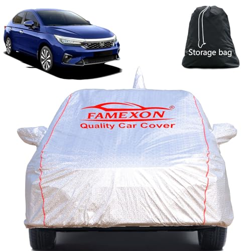 Image of Full Body Car Cover for Honda City with Mirror and Antena Pocket Triple Stiched(Silver with Red Piping)