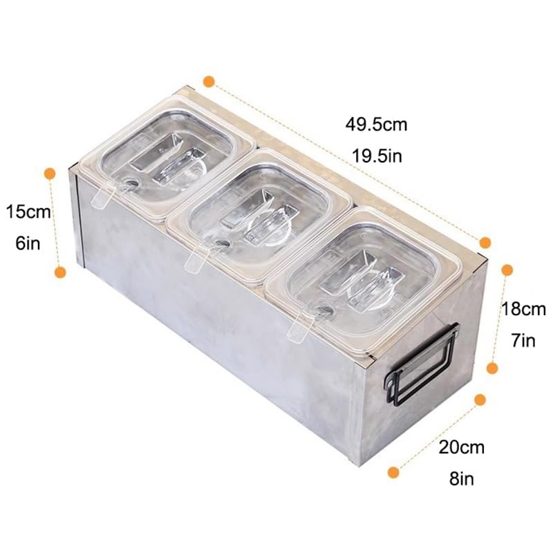 XPLKQXE Contenedor Expositor Alimentos sobre Mostrador con Base Hielo, Dispensador Refrigerado Condimentos para Ensaladas(Silver-B,49.5x20x18cm/3set)