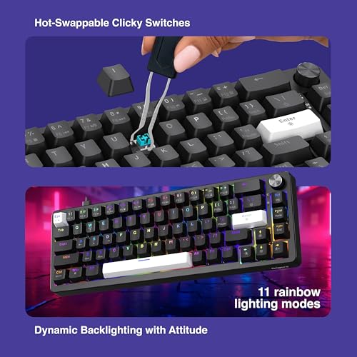 Image of FINGERS Savage-MK2 Wired Mechanical Gaming Keyboard (65% Compact 67 Keys, Hot-Swappable Switches, 2-Layer Gasket, 11 RGB Modes, Volume Control Knob, 100% Anti-Ghosting, 50M Keystrokes) - Jet Black