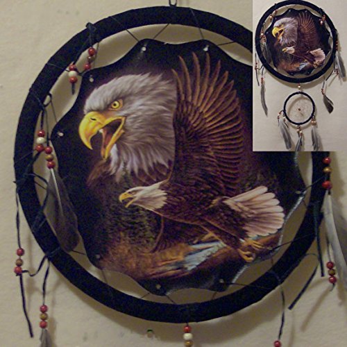Decorative Dream Catcher with Double Eagle Print- Handmade Home Decor for Living Room, Bedroom, and Doors - With Feathers and A Large Printed Fabric with Wildlife Inspired Images - 13