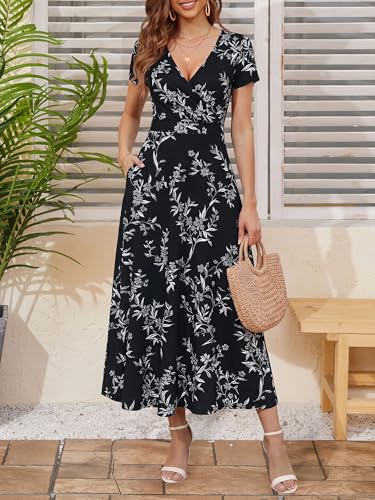 Image of HUHOT Women's Short Sleeve Wrap V Neck Dresses for Wedding Guest Summer Floral Maxi Sundresses with Pockets Boho Dress