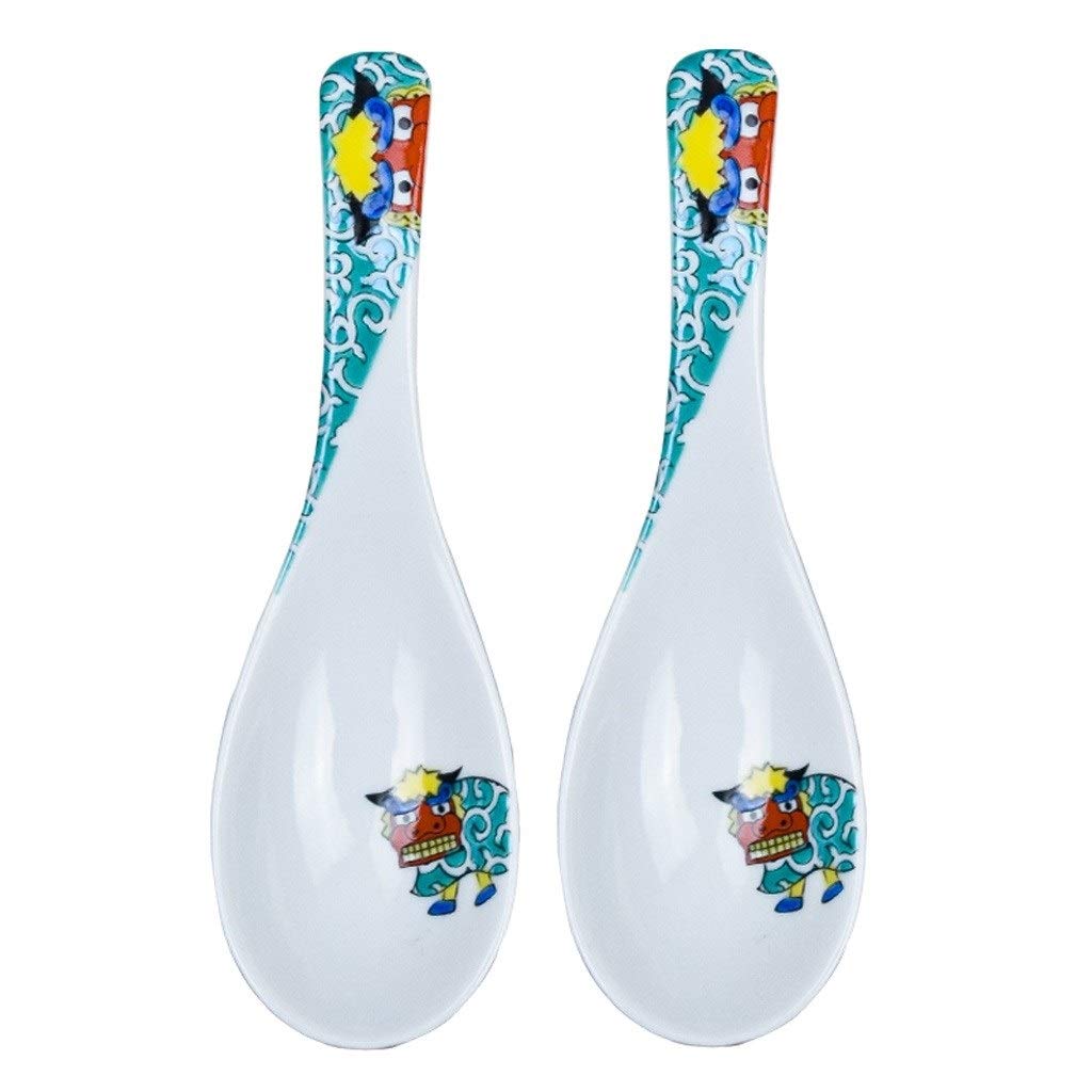 Cuillère Asiatique en céramique, Petite cuillère, cuillère Japonaise Domestique Faite à la Main pour Soupe, Bouillie, Dessert, Lot de 2 cuillères à Soupe(E)