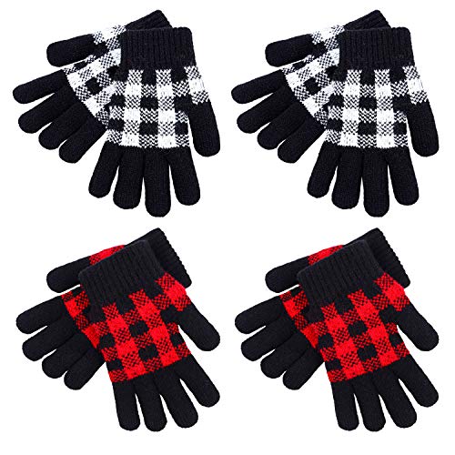 Cooraby 4 Pairs Children Thick Gloves Warm Knitted Gloves Buffalo Plaid Gloves Cold Weather Gloves for Boys and Girls