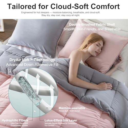 Image of KASENTEX Queen Comforter Set - Reversible Dual Color - Goose Down Alternative - Ultra-Soft, Lightweight, Machine Washable, Maintain Fluffiness, All Season Warmth (Pink Potpourri /Quartz Silver) | 250 GSM Fill, Ultra-Soft, Lightweight, Machine Washable, 1 Comforter + 2 Pillow Shams, Pink Potpourri /Quartz Silver