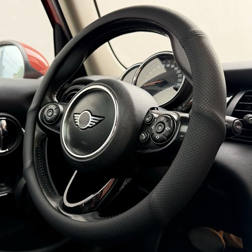PINCTROT Nappa Leather Steering Wheel Cover Universal 14.5-15 Inch (Black)