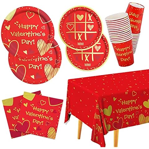 Gatherfun Valentine's Day Party Supplies Red Heart Love Disposable Paper Plates Napkins Cups plastic Tablecloth for Valentine's Day, Engagements, Anniversary, Birthday Party Serve 25 Cover