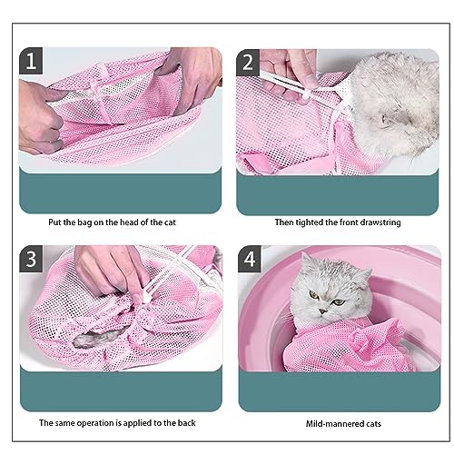 Image of Adjustable Multifunctional Anti-Bite Shower Mesh Bag, Cat Grooming Net, Bath Brush and Cat Nail Clipper (A-Pink)