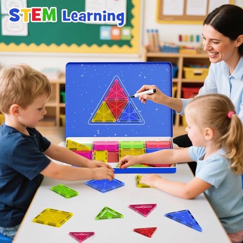 Image of Jumbo Magnetic Tiles with Secure Metal Case, 32 Pcs Large Magnetic Building Blocks for Kids 3-8, STEM Toys for Toddlers, Preschool Learning Montessori Toys, Age 3+ Boy Girl Gift
