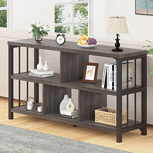Ibf Industrial 5 Cube Storage Organizer Bookshelf, Rustic Low Horizontal Book Shelf, Metal And Wood Cube Bookcase For Bedroom, Modern Wide Cubby Shelf For Living Room Home Office, Dark Grey Oak, 47 In #TOP1