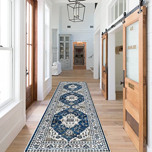Hallway Washable Runner Rug - 2x7 Kitchen Rugs Entryway Rug Runner Vintage Soft Floor Mat Non Slip Indoor Farmhouse Carpet for Bathroom Living Room Bedroom (2 X 7, Blue)