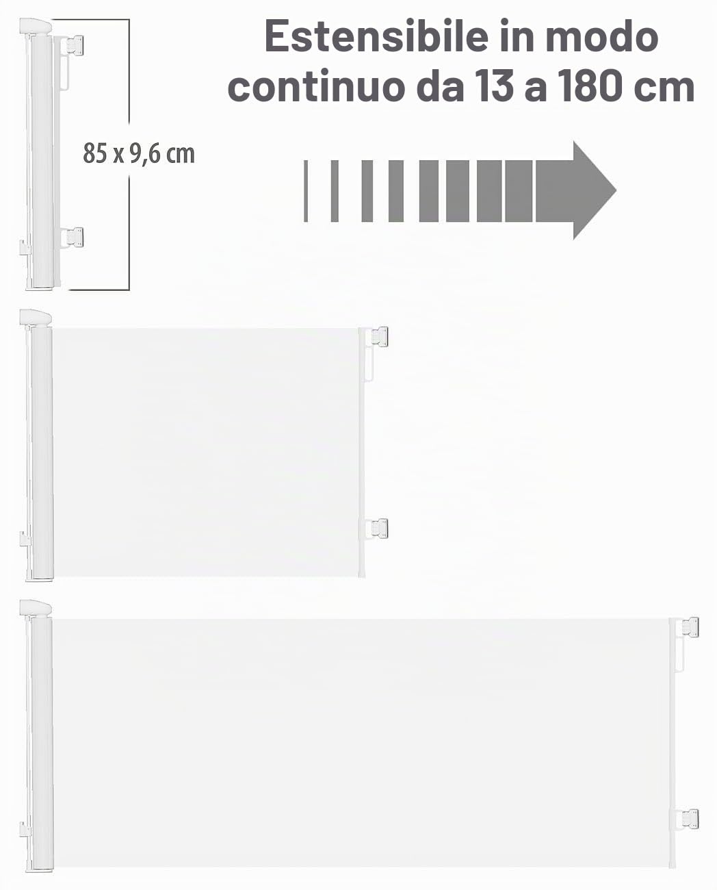 Carlo Milano cancello estensibile: Cancelletto di sicurezza per scale, bianco, 13-180 cm, 85 cm di altezza (griglia protezione porta extra alta, barriere per animali domestici, cane)