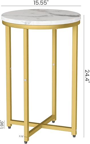 Miniatura 3 de LinkRomat Mesa auxiliar redonda, mesa auxiliar blanca de mármol sintético, mesa esquinera moderna con marco de metal a base de X, mesa auxiliar