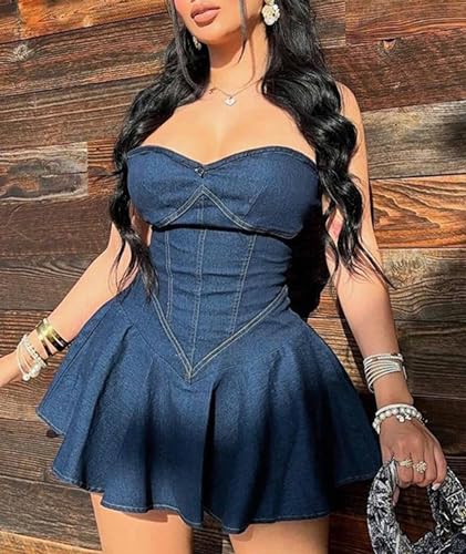 Image of xxxiticat Women's Denim Tube Dress Sleeveless Pleated Skirt Hem Strapless A-Line Flared Off Shoulder Mini Jeans Dresses