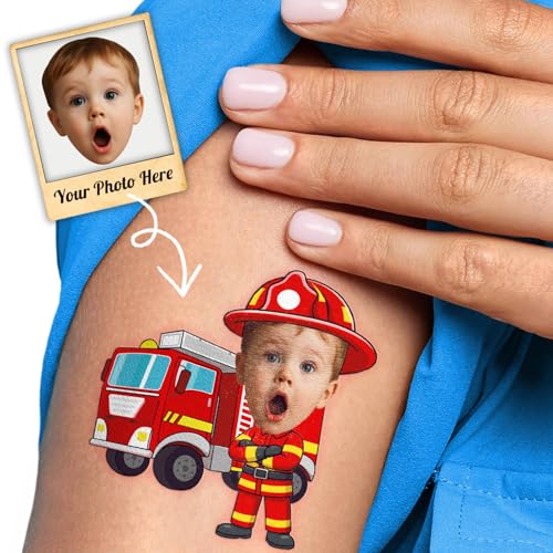 Image of Custom Firefighter Temporary Tattoos for Kids, Set of 20 | Personalized Pre-Cut Face Photo, Birthday Party Favors, For Boys & Firefighter Lovers, Unique Celebration Gifts