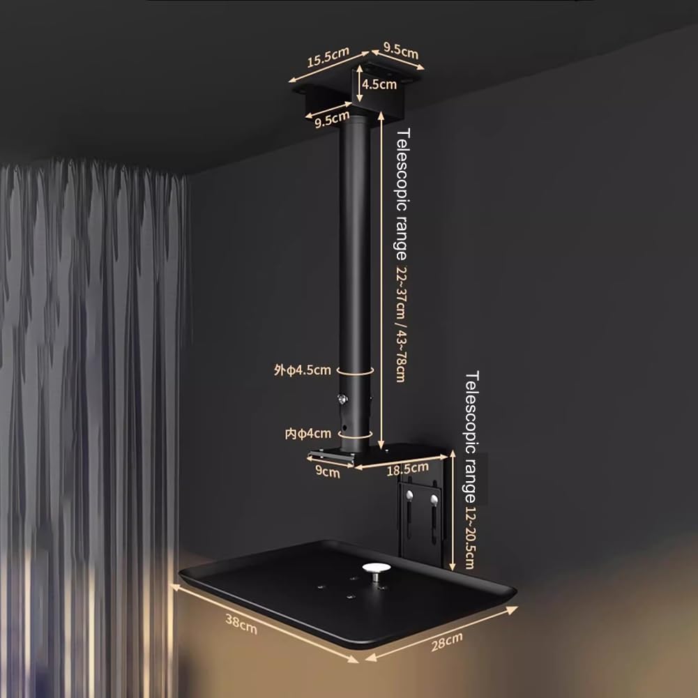 Supporto per Proiettore da Soffitto Regolabile, Vassoio 38X28cm Sollevabile E Abbassabile, Asta Telescopica con Rotazione Orizzontale di 30°, Lega di Alluminio,White h 22 to 37cm