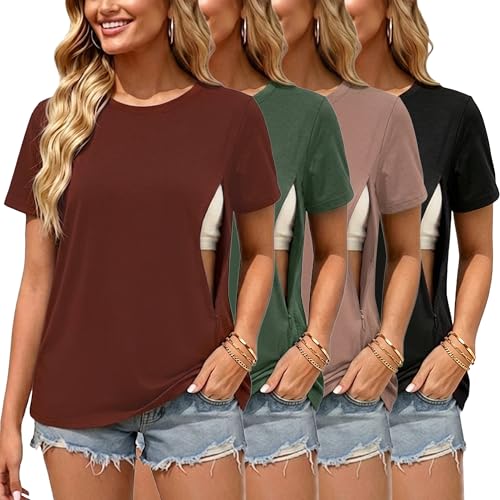 Love2Mi Juego de 3 camisetas de lactancia con cremallera oculta, apertura de lactancia, camiseta corta para embarazadas, Ejército Verde + Vino Rojo + Marrón + Negro, L