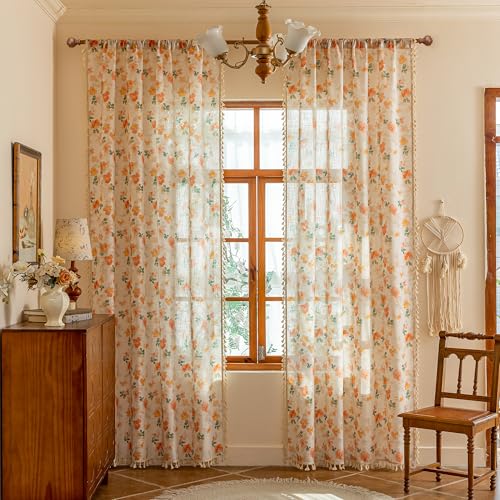 Image of MYSKY HOME Floral Boho Linen Curtains 63 inch Length 2 Panels Set Spring Vintage Farmhouse Orange Patterned Window Drapes with Tassels Semi Sheer Light Filtering Back Tab for Girls Bedroom, W50 inch