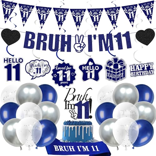 11th Birthday Decorations Balloons Boys - 28 Pcs Blue Bruh IM 11 Banner Swirl Hangings Latex Confetti Balloons Sash Cake Topper for Kids Boy 11 Years Old Birthday Party Decor Supplies